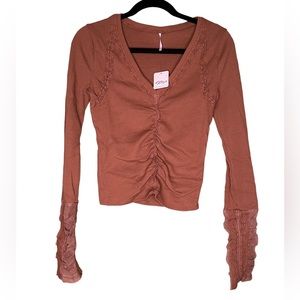Free People Rust Long Sleeve Ruched Top